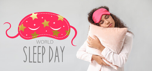 Banner for International Sleep Day with beautiful African-American woman hugging pillow