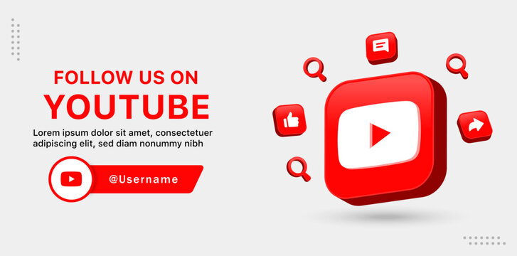 follow us on youtube. 3d youtube logo social media icon notifications. youtube square button icon 3d with social media notification icons ; like, thumb up, comment, share 3d icon signs like button