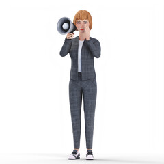 3D Illustration business woman with black outfit using loudspeaker for marketing