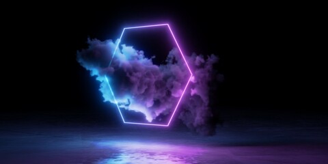 Abstract blue and pink neon glowing wireframe hexagon shape with smoke cloud and rough shiny floor on black background
