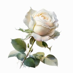 Beautiful white rose flower. Watercolor rose on white background. Generative AI art.