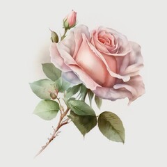 Beautiful bright pink rose flower. Watercolor cream rose on white background. Generative AI art.