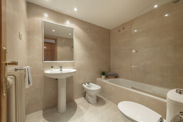 Toilet with sink with porcelain foot, square mirror with white wooden frame and elongated bathtub with glass partition