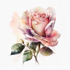 Beautiful bright pink rose flower. Watercolor cream rose on white background. Generative AI art.