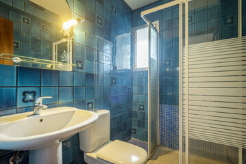 Bathroom with mirror hanging on the wall with glass shelf, porcelain sink, square white shower...
