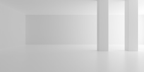 Empty white interior room with indirect light and two pillars, modern architecture or product presentation template background