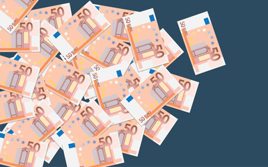 Illustration vectorielle représentant un tas de billets de banque de 50 euros posés sur un fond bleu