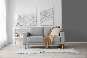 Interior of modern living room with sofa, shelving unit and creative artwork