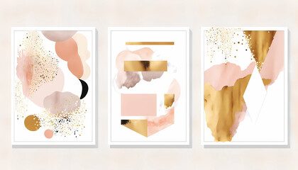 Abstract Arrangements. Elements, textures. Posters. Terracotta, blush, pink, ivory, beige watercolor Illustration and gold elements, on white background. Modern print set. Wall art.