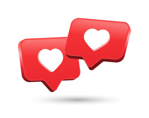 Heart in 3d speech bubble icon background. like heart social media notification icons 3d modern, love like chat bubbles social network post reactions - favorite hearts, 3d rendering, 3d illustration