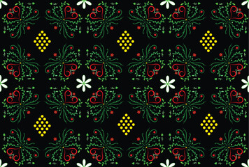 Colorful seamless floral pattern on a black background. Fabric design with abstract floral motif. Vector pattern for fabric, wallpaper or wrapping paper.