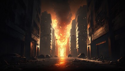 Apocalyptic City: Burned-out Streets, Flames, and Explosions. Generative AI