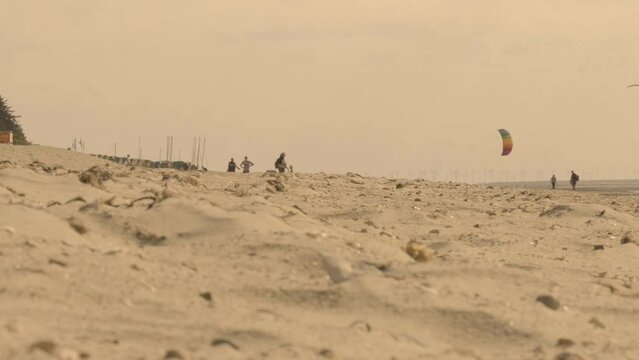 Wadden Sea.Kites and people walking on the white sandy sea beach.Flying kites on the seashore. Sea recreation and vacation.Summer mood. 4k footage
