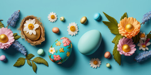colorful easter eggs with flowers on blue background, generative ai - 578151160