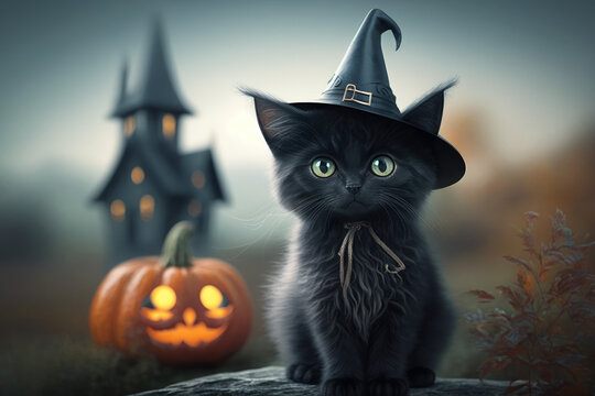 cute black cat with a witch hat and a halloween house in the background, generative ai