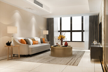 3d rendering luxury and modern living room with leather sofa and lamp