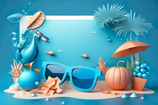3d refreshing summer template, Composition of sunglass with cute beach object and swimming pool, Concept of island vacation, sunglasses, craft style. ai generated.
