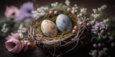 Fototapeta na wymiar a colorful easter nest with easter eggs, generative ai
