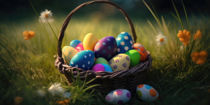 wooden easter basket with colorful easter eggs on a meadow, generative ai