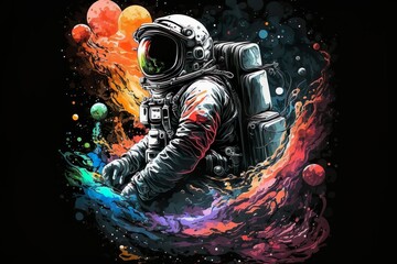 Fototapeta premium Colorful Cartoon Astronaut Exploring the Galaxy. Generative AI.