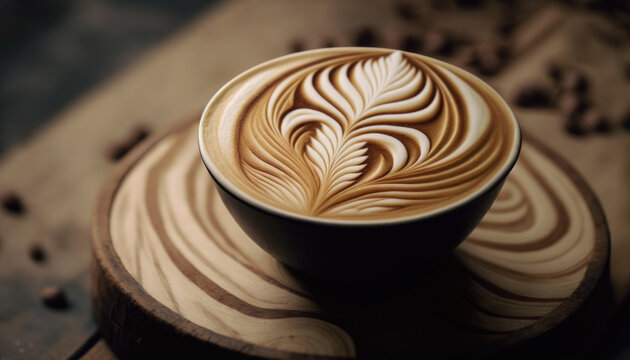 a cup of espresso with latte art on a wooden plate, generative ai