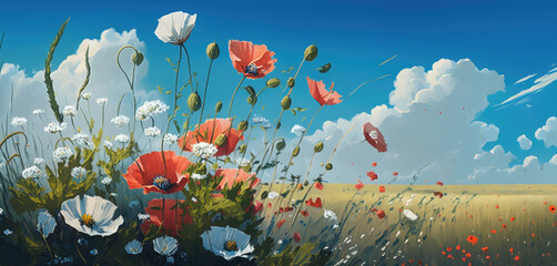 Fototapeta na wymiar a spring meadow with poppy flowers, generative ai