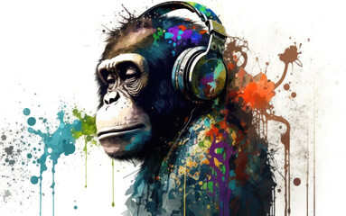 watercolor image of a chimpanzee with headphones, generative ai