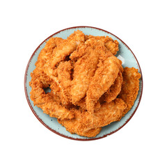 Plate of delicious nuggets on white background