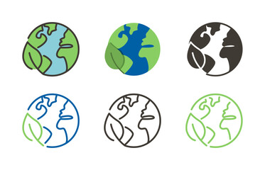 Planet earth with leaf vector thin line icon outline linear stroke illustration. Eco environmentaly friendly sustainable world - obrazy, fototapety, plakaty