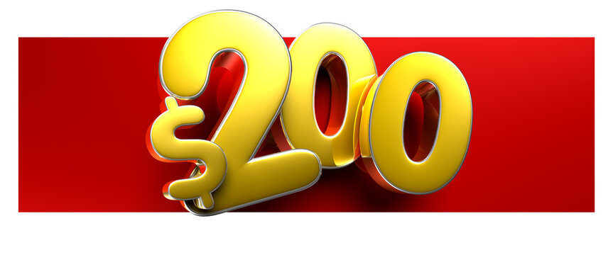 Price tag 200 dollar gold 3D illustration. Advertising signs. Product design. Product sales.