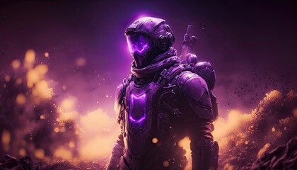 Fototapeta na wymiar Discover alien worlds with this captivating Firefly bacteria emitting a ghostly purple glow, armored in space suits on the surface of a distant planet, with a stunning galactic sky. Generative AI