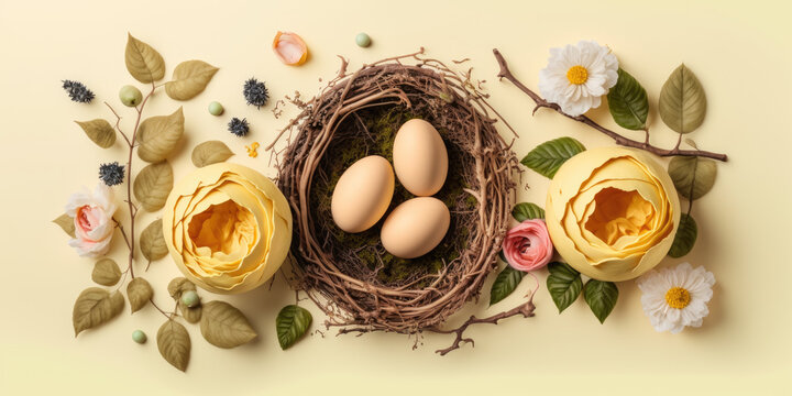 a colorful easter nest with easter eggs, generative ai