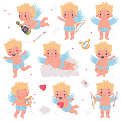 Cute baby Cupid with wings set. Adorable blond little boy angel character with champagne bottle, bow and arrow, harp cartoon vector illustration