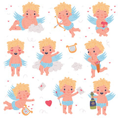 Cute baby Cupid with wings set. Adorable blond little boy angel character with champagne bottle, red heart, bow and harp cartoon vector illustration