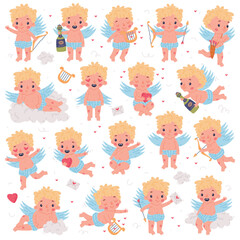 Cute baby Cupid flying with wings collection. Blond little boy angel character cartoon vector illustration