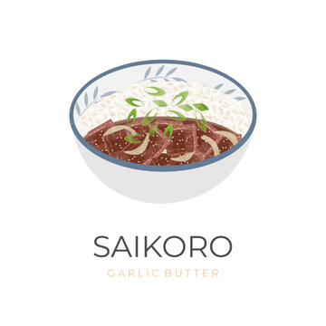 Beef  Saikoro Garlic Butter Vector Illustration Logo In A Bowl Complete With Rice