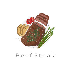 Juicy Beef Steak Vector Illustration Logo Grilled And Served With Fresh Asparagus Tomatoes And Potatoes