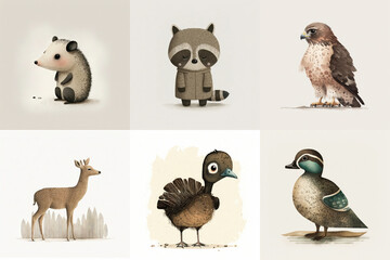 Naklejka premium A set of six cute animals, mammals, birds, reptiles, from the area of Arkansas, USA in watercolor, illustration made with Generative AI 