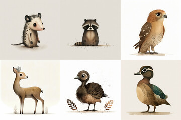Naklejka premium A set of six cute animals, mammals, birds, reptiles, from the area of Arkansas, USA in watercolor, illustration made with Generative AI 