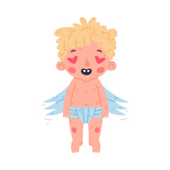 Cute baby Cupid with heart shaped eyes. Adorable blond little boy angel with wings cartoon vector illustration