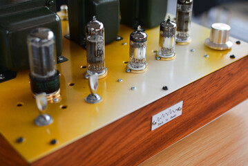 vintage circuit building,Social media, Multimedia speaker, Musical stereo speakers wooden in the interior of a bright room. Musical concept.