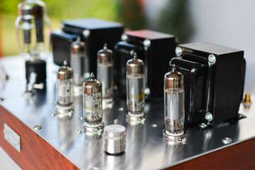 vintage circuit building,Social media, Multimedia speaker, Musical stereo speakers wooden in the interior of a bright room. Musical concept.