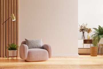 Wall mockup with pink armchair and accessory decor in living room. - obrazy, fototapety, plakaty