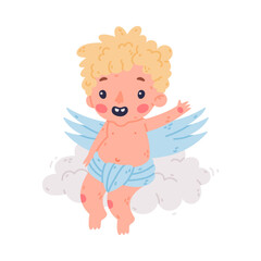 Cute flying baby Cupid. Adorable blond little boy angel character with wings cartoon vector illustration