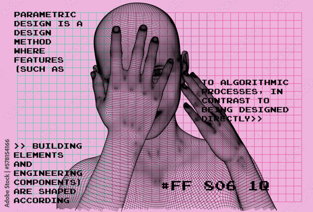 Poster Bald woman silhouette made of a wireframe. Concept of parametric design and artificial intelligence. 