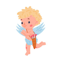 Cute baby Cupid with quiver with arrows. Adorable blond little boy angel character with wings cartoon vector illustration