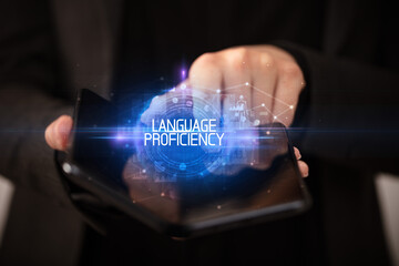 Young man holding a foldable smartphone