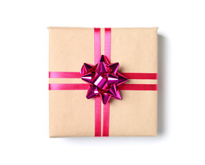 Gift box with pink bow on white background