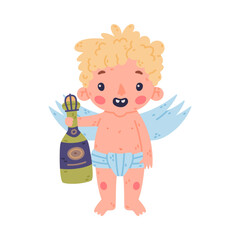 Cute baby Cupid with champagne bottle. Adorable blond little boy angel character with wings cartoon vector illustration