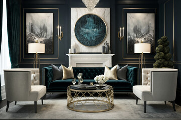 Glamorous living room - a style that often incorporates luxurious materials like velvet, crystal, and metallic accents, with a focus on drama and elegance. Generative AI	